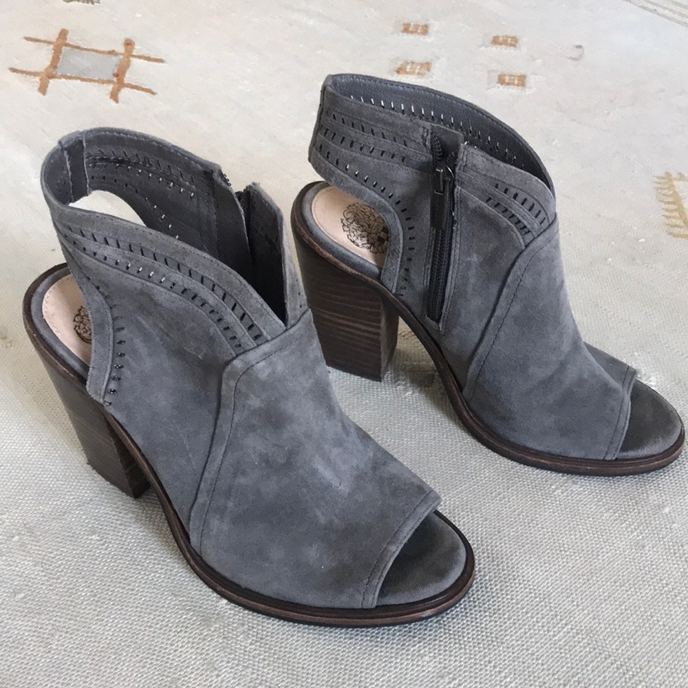 Vince Camuto grey suede peep toe cutout heels